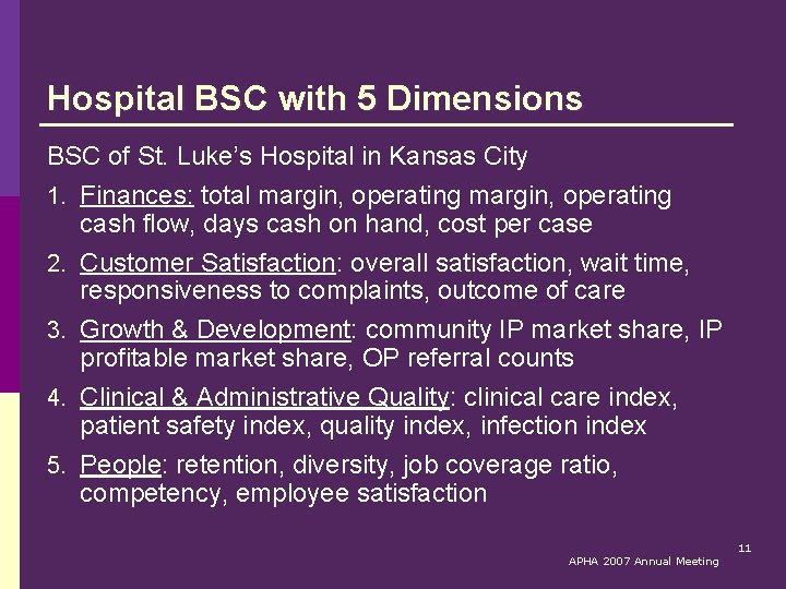 Hospital BSC with 5 Dimensions BSC of St. Luke’s Hospital in Kansas City 1.