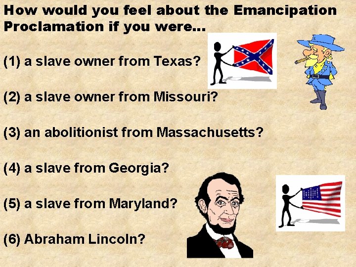 How would you feel about the Emancipation Proclamation if you were… (1) a slave