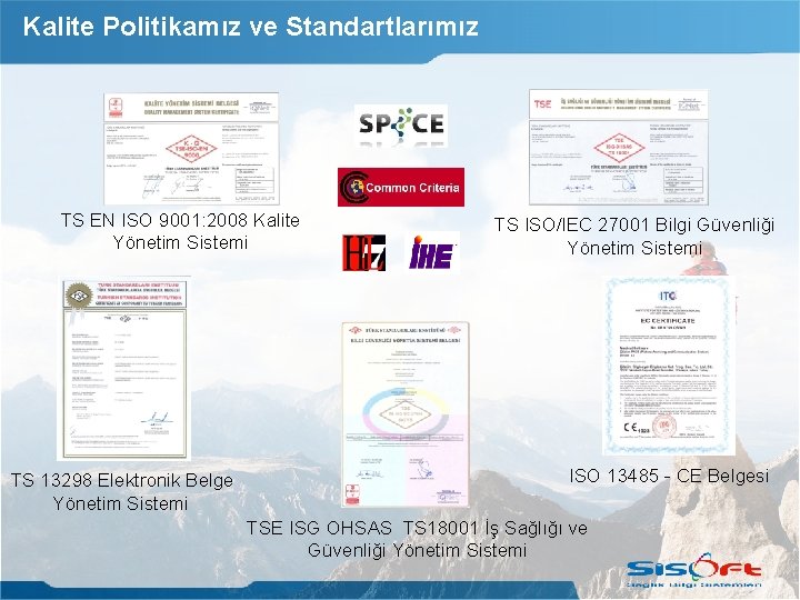 Kalite Politikamız ve Standartlarımız TS EN ISO 9001: 2008 Kalite Yönetim Sistemi TS 13298