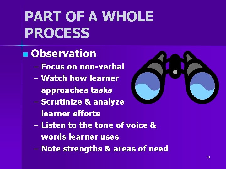 PART OF A WHOLE PROCESS n Observation – Focus on non-verbal – Watch how PART OF A WHOLE PROCESS n Observation – Focus on non-verbal – Watch how