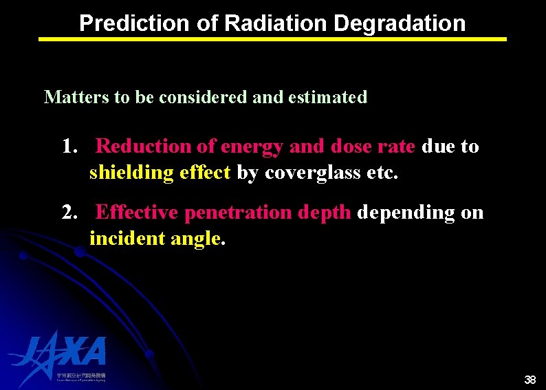 Prediction of Radiation Degradation Matters to be considered and estimated 1. Reduction of energy Prediction of Radiation Degradation Matters to be considered and estimated 1. Reduction of energy