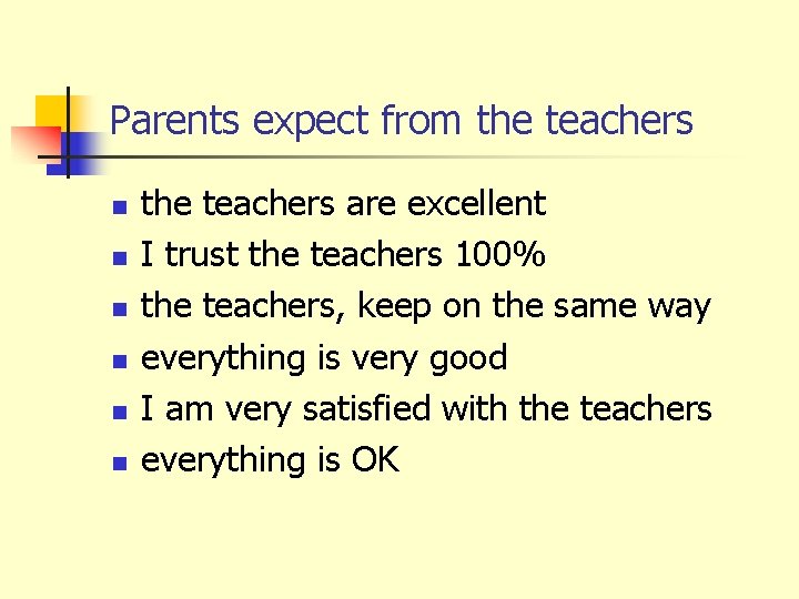 Parents expect from the teachers n n n the teachers are excellent I trust