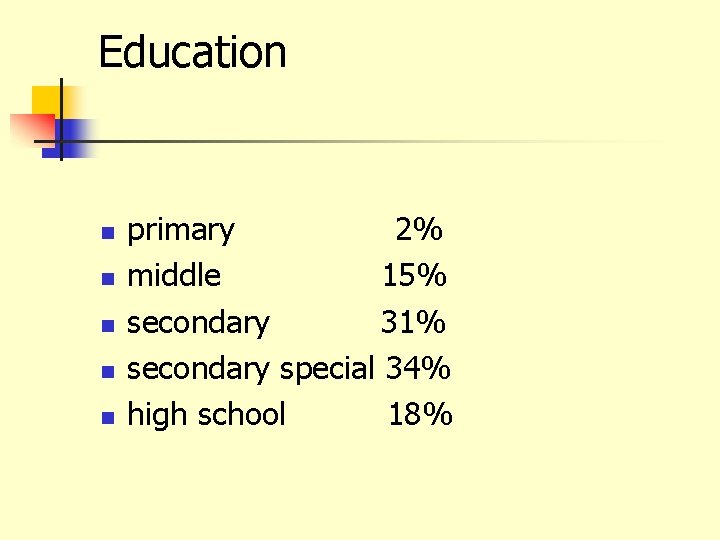 Education n n primary 2% middle 15% secondary 31% secondary special 34% high school