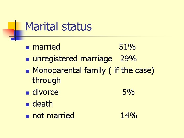 Marital status n n n married 51% unregistered marriage 29% Monoparental family ( if