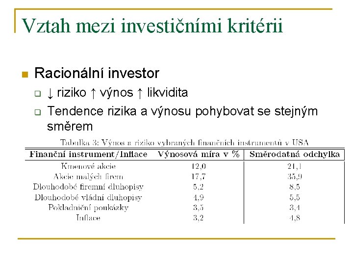 Vztah mezi investičními kritérii n Racionální investor q q ↓ riziko ↑ výnos ↑