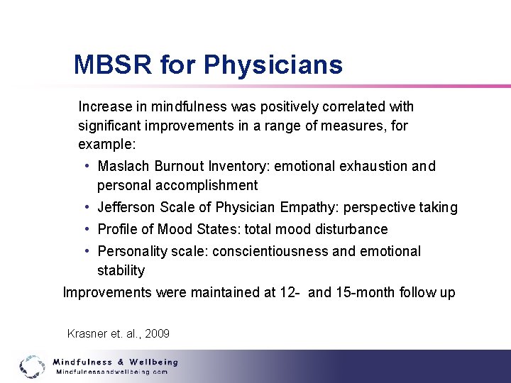 MBSR for Physicians Increase in mindfulness was positively correlated with significant improvements in a