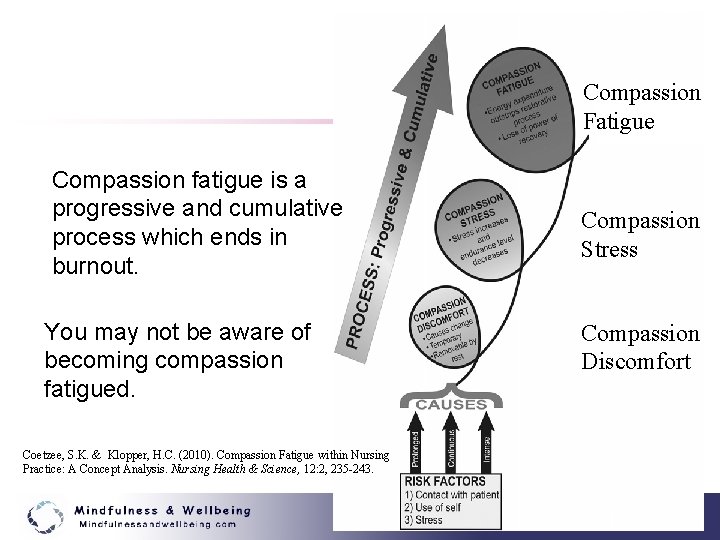 Compassion Fatigue Compassion fatigue is a progressive and cumulative process which ends in burnout.