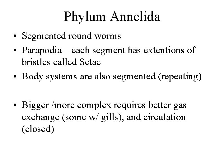 Phylum Annelida • Segmented round worms • Parapodia – each segment has extentions of
