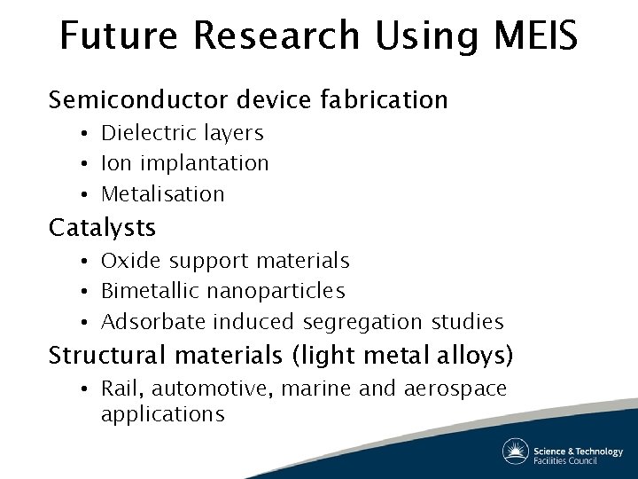 Future Research Using MEIS Semiconductor device fabrication • Dielectric layers • Ion implantation • Future Research Using MEIS Semiconductor device fabrication • Dielectric layers • Ion implantation •