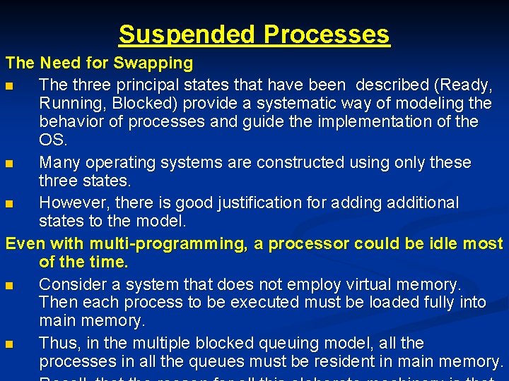 Suspended Processes The Need for Swapping n The three principal states that have been