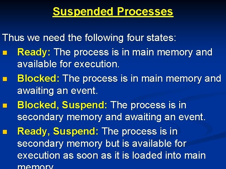 Suspended Processes Thus we need the following four states: n Ready: The process is