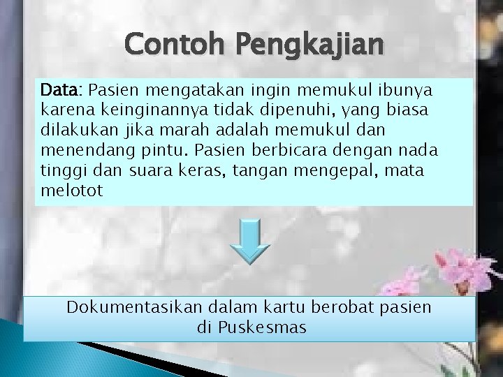 Contoh Pengkajian Data: Pasien mengatakan ingin memukul ibunya karena keinginannya tidak dipenuhi, yang biasa Contoh Pengkajian Data: Pasien mengatakan ingin memukul ibunya karena keinginannya tidak dipenuhi, yang biasa