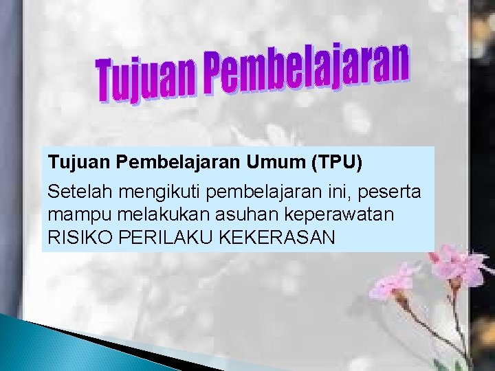 Tujuan Pembelajaran Umum (TPU) Setelah mengikuti pembelajaran ini, peserta mampu melakukan asuhan keperawatan RISIKO Tujuan Pembelajaran Umum (TPU) Setelah mengikuti pembelajaran ini, peserta mampu melakukan asuhan keperawatan RISIKO