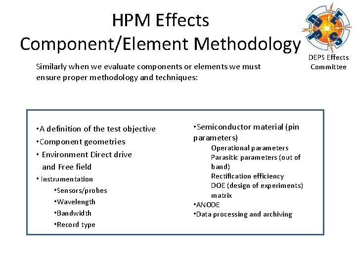 HPM Effects Component/Element Methodology Similarly when we evaluate components or elements we must ensure