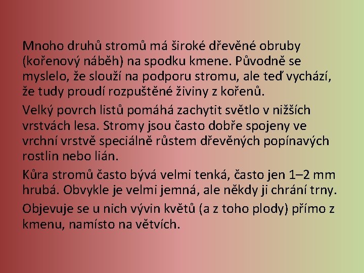 Mnoho druhů stromů má široké dřevěné obruby (kořenový náběh) na spodku kmene. Původně se Mnoho druhů stromů má široké dřevěné obruby (kořenový náběh) na spodku kmene. Původně se