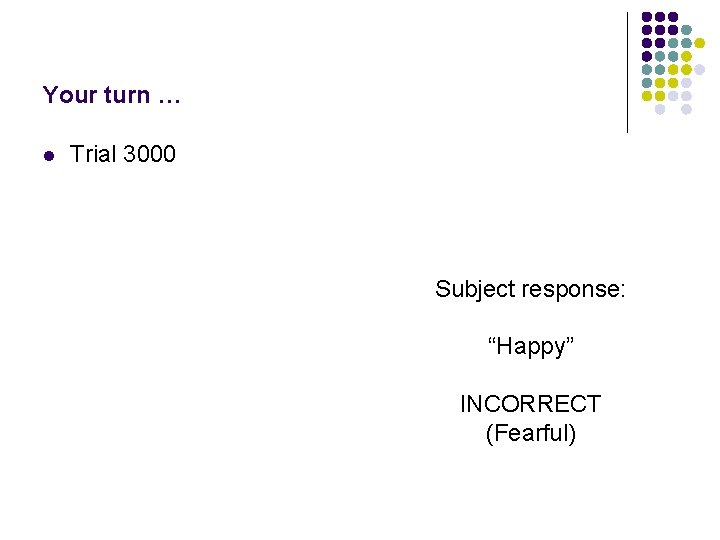 Your turn … l Trial 3000 Subject response: “Happy” INCORRECT (Fearful) 