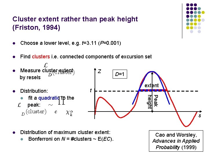 Cluster extent rather than peak height (Friston, 1994) l Choose a lower level, e.