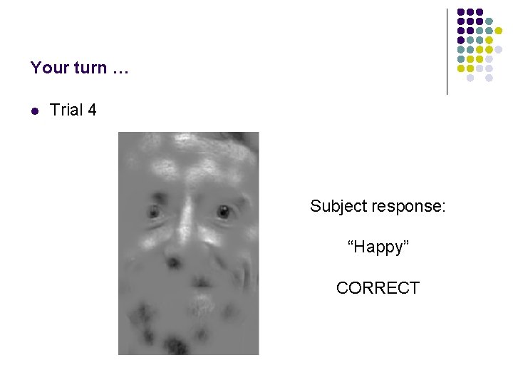 Your turn … l Trial 4 Subject response: “Happy” CORRECT 