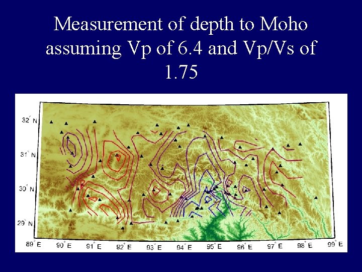 Measurement of depth to Moho assuming Vp of 6. 4 and Vp/Vs of 1. Measurement of depth to Moho assuming Vp of 6. 4 and Vp/Vs of 1.