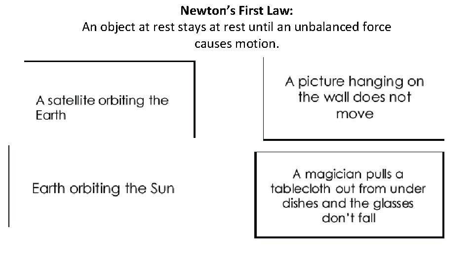 Newton’s First Law: An object at rest stays at rest until an unbalanced force