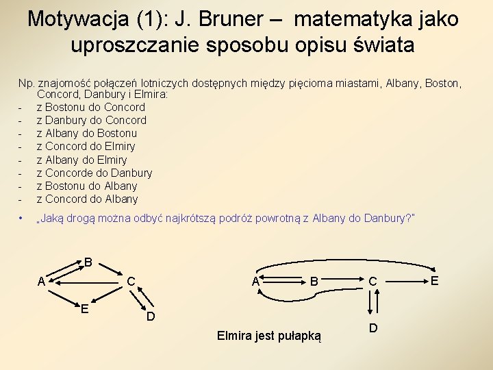 Motywacja (1): J. Bruner – matematyka jako uproszczanie sposobu opisu świata Np. znajomość połączeń Motywacja (1): J. Bruner – matematyka jako uproszczanie sposobu opisu świata Np. znajomość połączeń