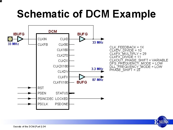 Schematic of DCM Example DCM IBUFG 33 MHz BUFG CLKIN CLK 0 CLKFB CLK