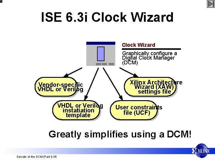 ISE 6. 3 i Clock Wizard Graphically configure a Digital Clock Manager (DCM) Vendor-specific