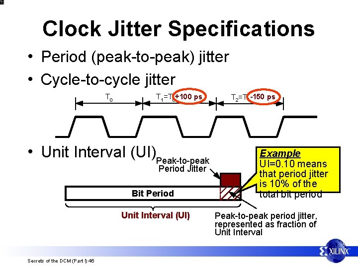 Clock Jitter Specifications • Period (peak-to-peak) jitter • Cycle-to-cycle jitter T 0 T 1=T