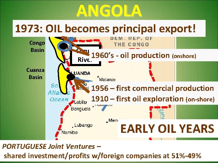 ANGOLA 1973: OIL becomes principal export! Congo Basin Congo 1960’s - oil production (onshore)