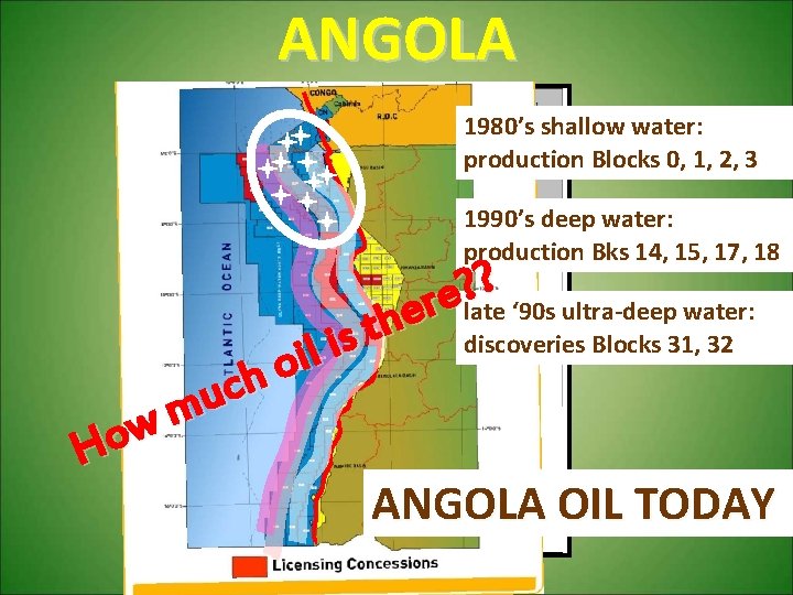 ANGOLA 1980’s shallow water: production Blocks 0, 1, 2, 3 1990’s deep water: production