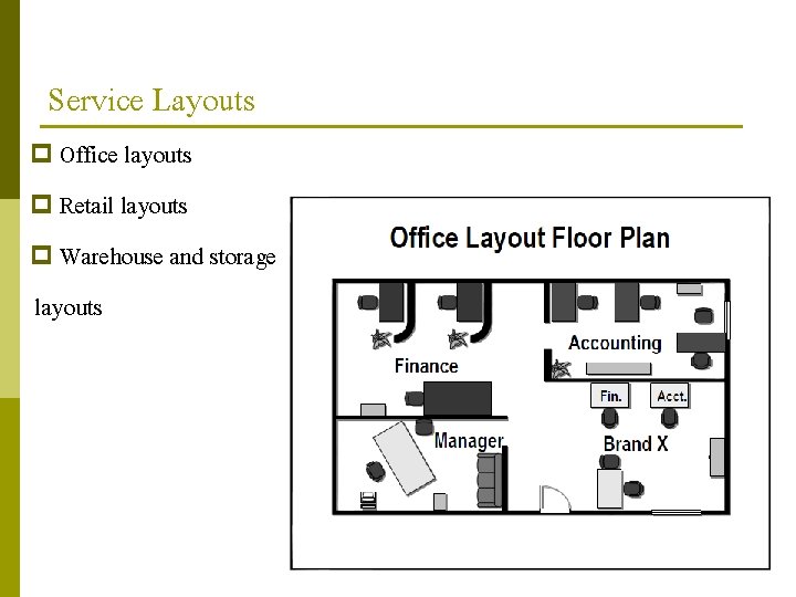 Service Layouts p Office layouts p Retail layouts p Warehouse and storage layouts 