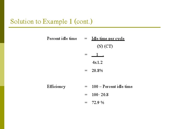 Solution to Example 1 (cont. ) Percent idle time = Idle time per cycle