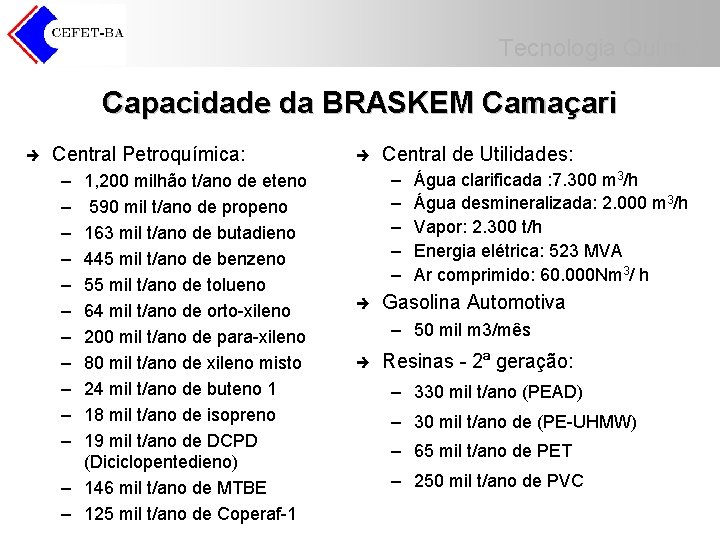Tecnologia Química Capacidade da BRASKEM Camaçari è Central Petroquímica: – – – 1, 200 Tecnologia Química Capacidade da BRASKEM Camaçari è Central Petroquímica: – – – 1, 200