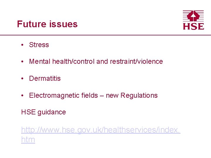 Future issues • Stress • Mental health/control and restraint/violence • Dermatitis • Electromagnetic fields