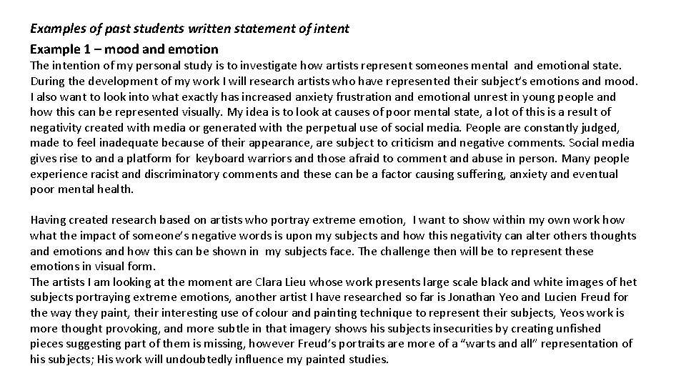 Examples of past students written statement of intent Example 1 – mood and emotion