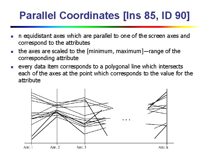 Parallel Coordinates [Ins 85, ID 90] n n equidistant axes which are parallel to