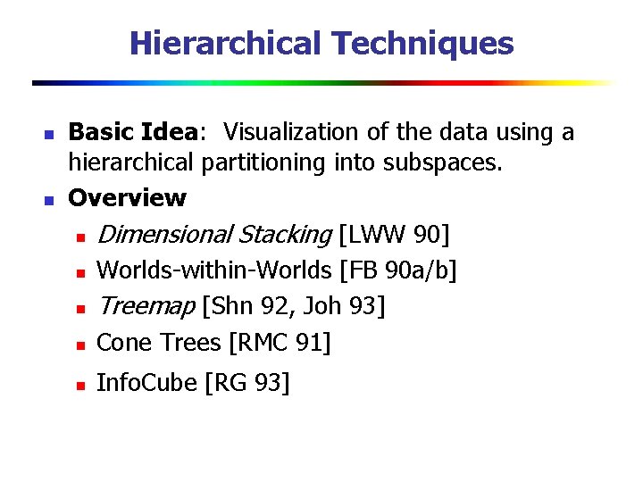 Hierarchical Techniques n n Basic Idea: Visualization of the data using a hierarchical partitioning