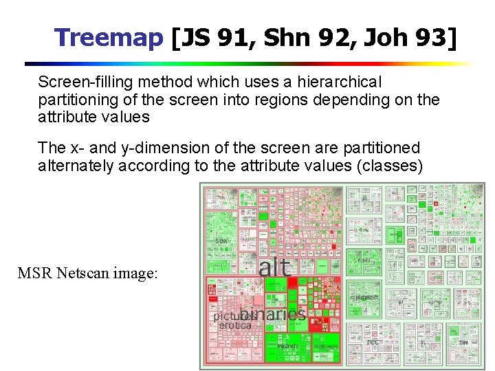 Treemap [JS 91, Shn 92, Joh 93] Screen-filling method which uses a hierarchical partitioning