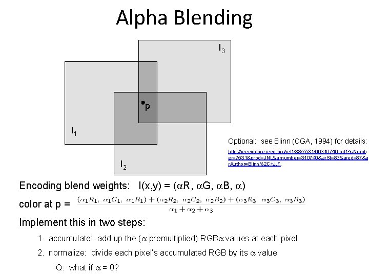 Alpha Blending I 3 p I 1 Optional: see Blinn (CGA, 1994) for details: Alpha Blending I 3 p I 1 Optional: see Blinn (CGA, 1994) for details: