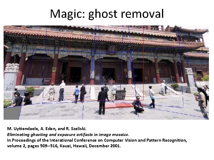 Magic: ghost removal M. Uyttendaele, A. Eden, and R. Szeliski. Eliminating ghosting and exposure Magic: ghost removal M. Uyttendaele, A. Eden, and R. Szeliski. Eliminating ghosting and exposure