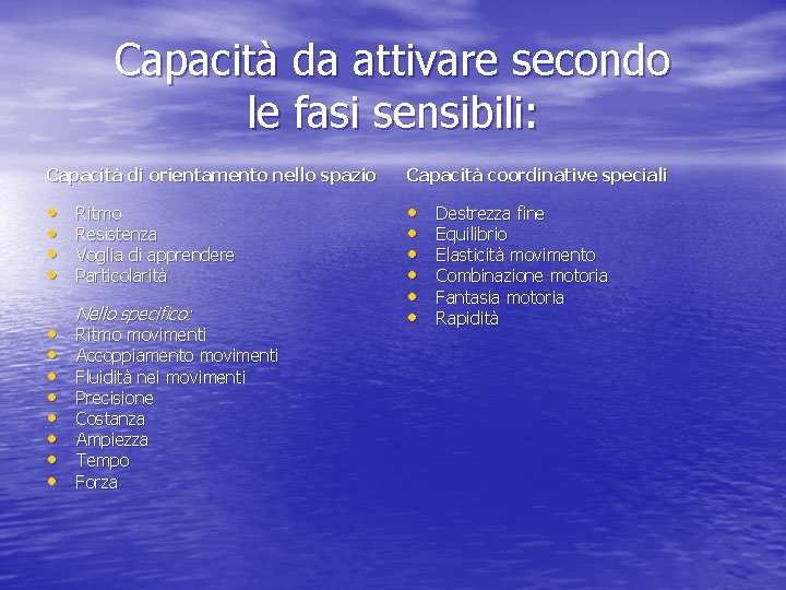 Capacità da attivare secondo le fasi sensibili: Capacità di orientamento nello spazio Capacità coordinative