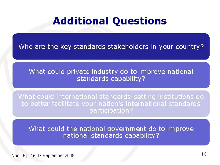 Additional Questions Who are the key standards stakeholders in your country? What could private