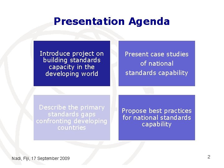 Presentation Agenda Introduce project on building standards capacity in the developing world Present case