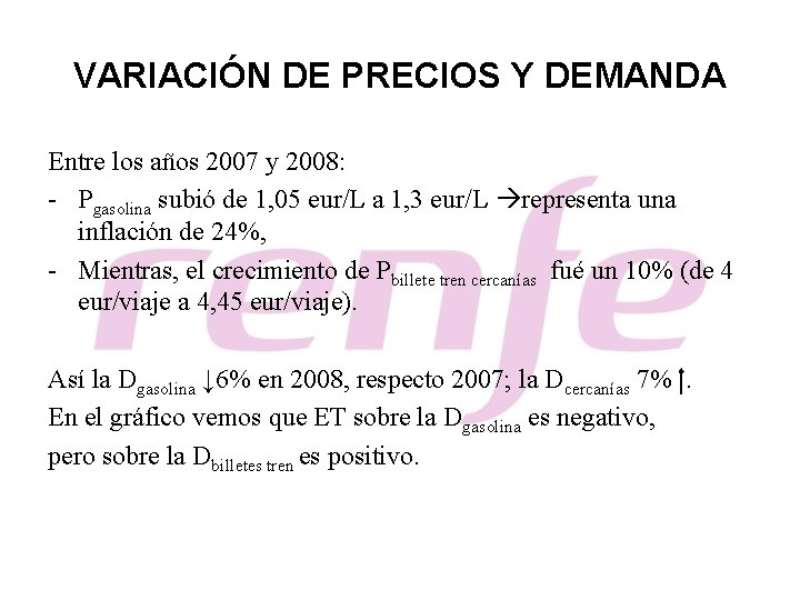 VARIACIÓN DE PRECIOS Y DEMANDA Entre los años 2007 y 2008: - Pgasolina subió