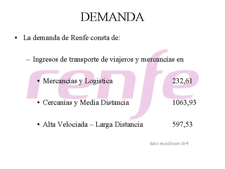DEMANDA • La demanda de Renfe consta de: – Ingresos de transporte de viajeros