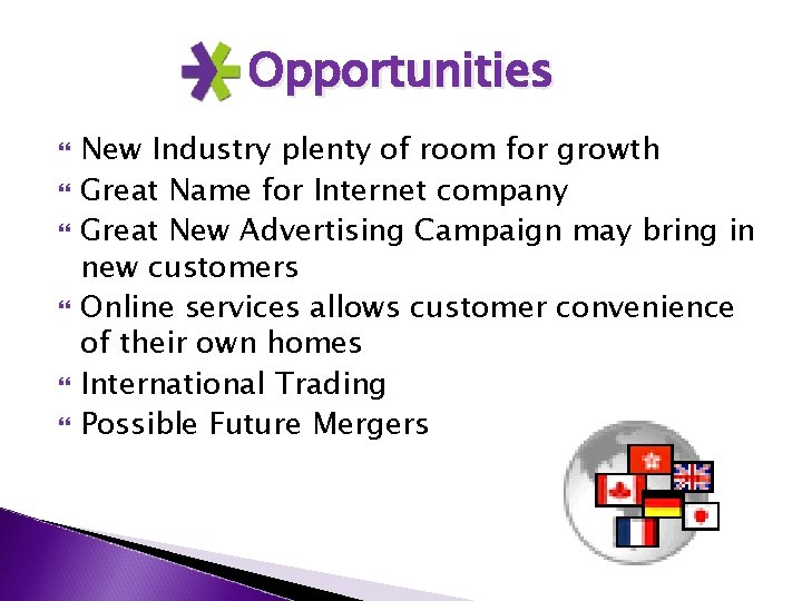 Opportunities New Industry plenty of room for growth Great Name for Internet company Great