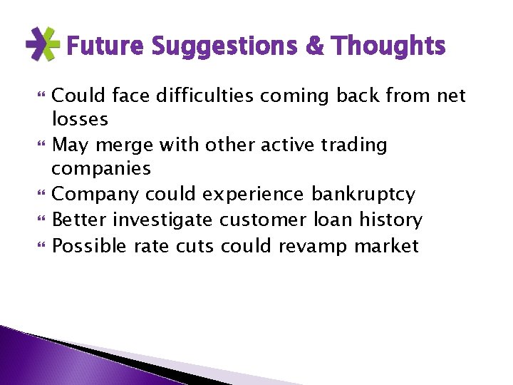 Future Suggestions & Thoughts Could face difficulties coming back from net losses May merge