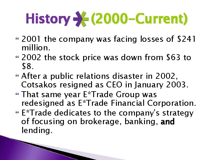 History (2000 -Current) 2001 the company was facing losses of $241 million. 2002 the
