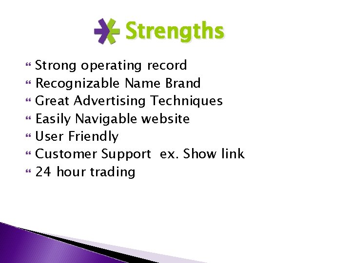 Strengths Strong operating record Recognizable Name Brand Great Advertising Techniques Easily Navigable website User