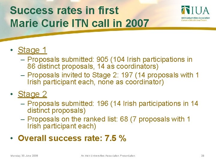 Success rates in first Marie Curie ITN call in 2007 • Stage 1 –